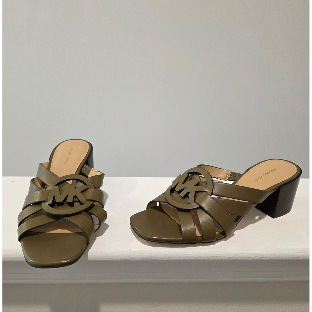 Women's sz 6 B Michael Kors Erika Sandal‎ Loden Green Leather MK Logo Block Heel